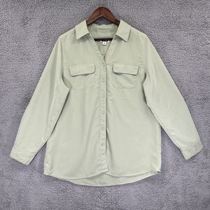 D&Co. Soft Utility Tunic Top Women M Green Button Front Roll Tab Long Sleeve J09
